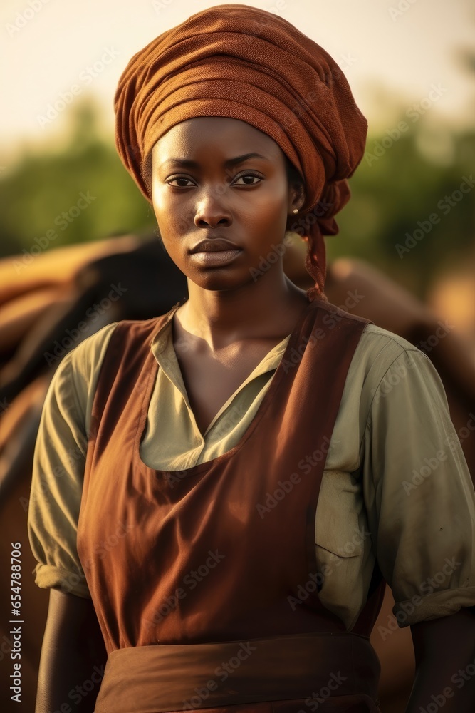 African woman farmer looking stressed on farm agriculture.