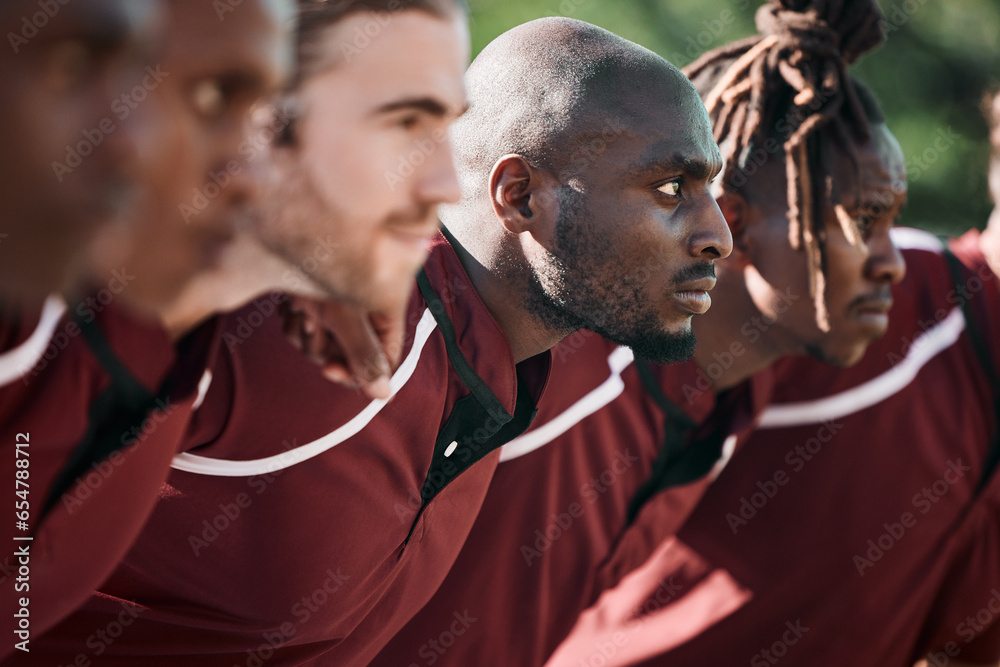 Scrum, rugby and men with commitment, game and fitness with support, training and competitive. People, players and guy on a field, teamwork and exercise with breathing, match and huddle with sports