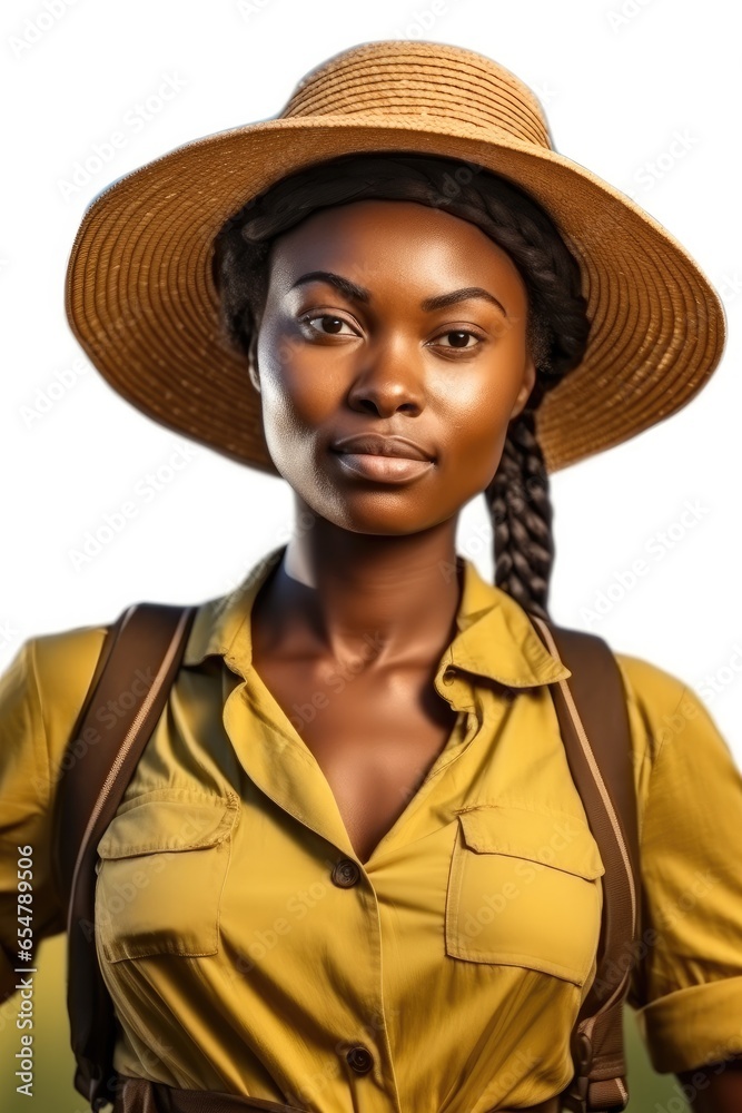 Portrait of black women in farming clothes and sun hat.