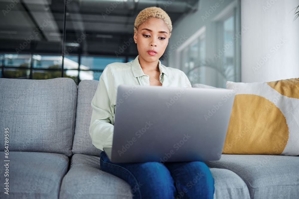 Businesswoman, alone and laptop for communication at home for financial planning, reports or email. Young, female and entrepreneur for remote work with feedback on technology, internet and web