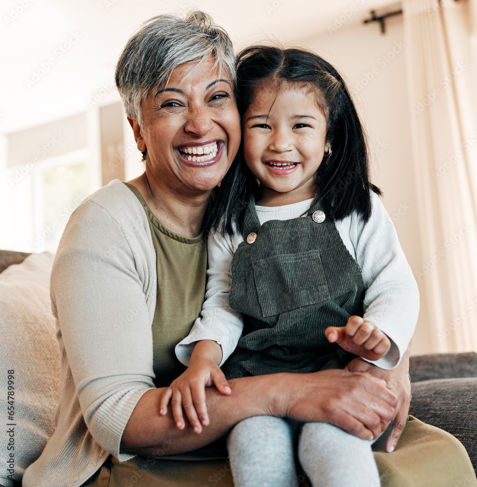 Portrait, love and grandmother with child on couch together for bonding, connection and care in living room of home. Happy family, woman and girl on sofa with happiness for relaxing, weekend and face