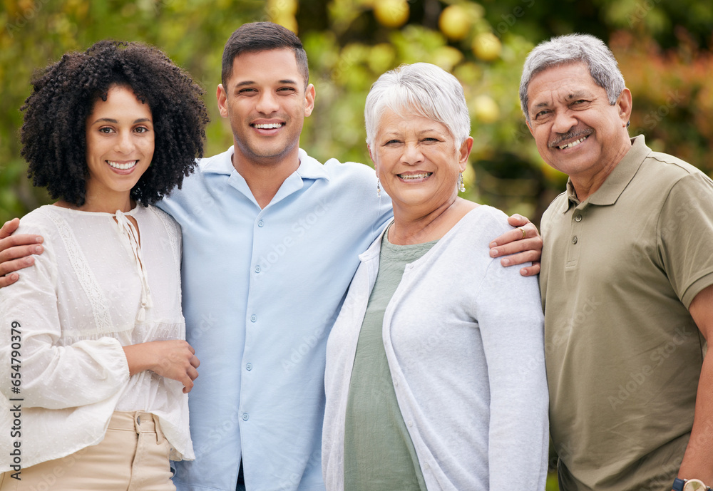 Happy family, portrait and people with support outdoor in nature for happiness, bonding and care with love. Holiday, men or women or parents with children in garden of home in summer for peace or joy