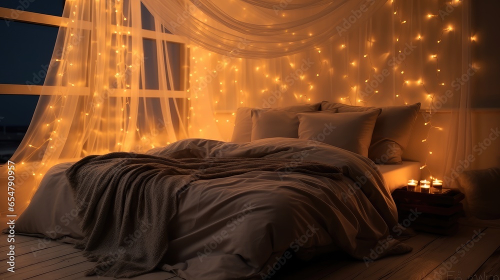 Cozy bedroom with bed and lights at home, Comfort.