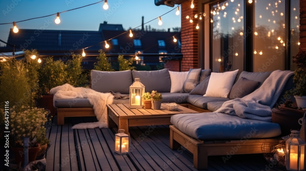 Cozy outdoor terrace of a beautiful house with string lights.