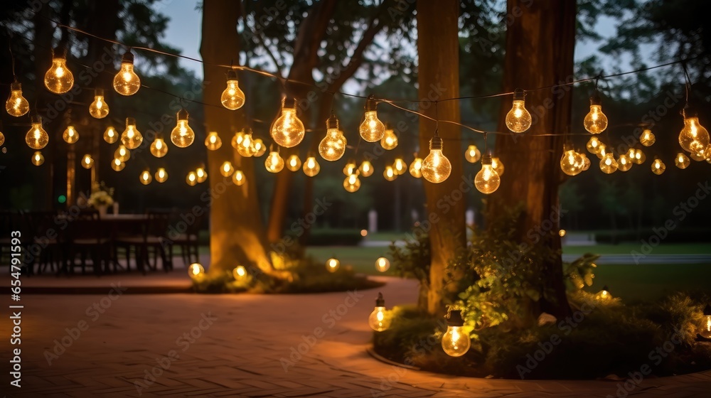 Fairy lights hanging from trees, Garden Party, Wedding.