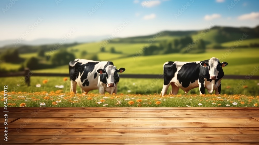 Empty wooden table with cows and green grass background.