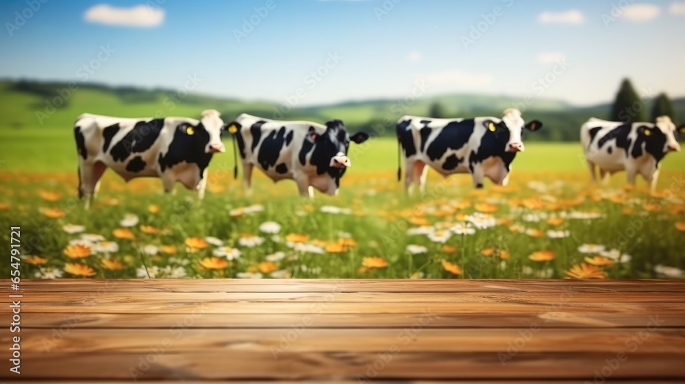 Empty wooden table with cows and green grass background.