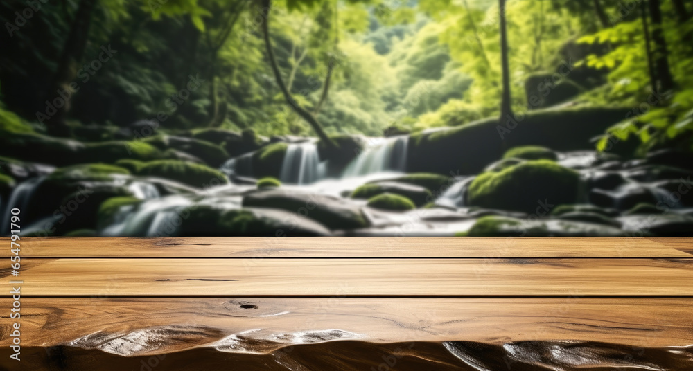 Empty wooden table top with waterfall and jungle landscape background.