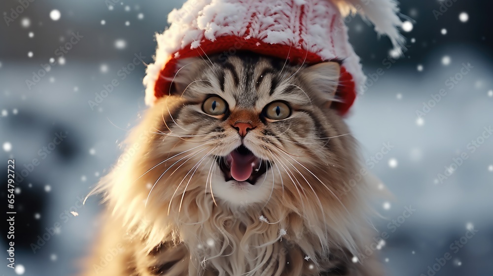 Cute cat in snow, Winter Landscape.