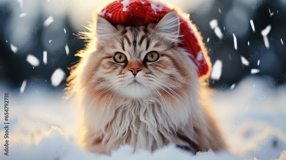 Cute cat in snow, Winter Landscape.