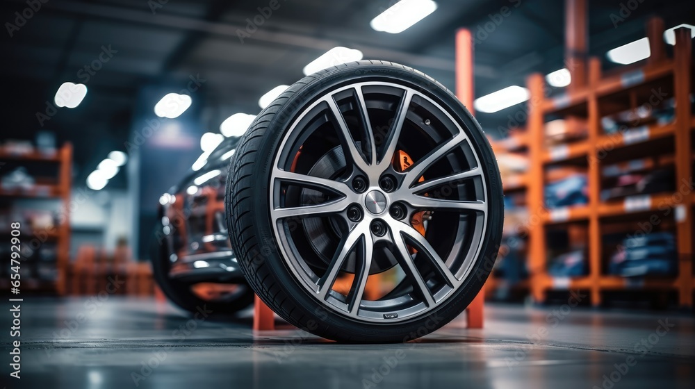 Wheel alloy tire in garage and changing, Maintenance auto service.