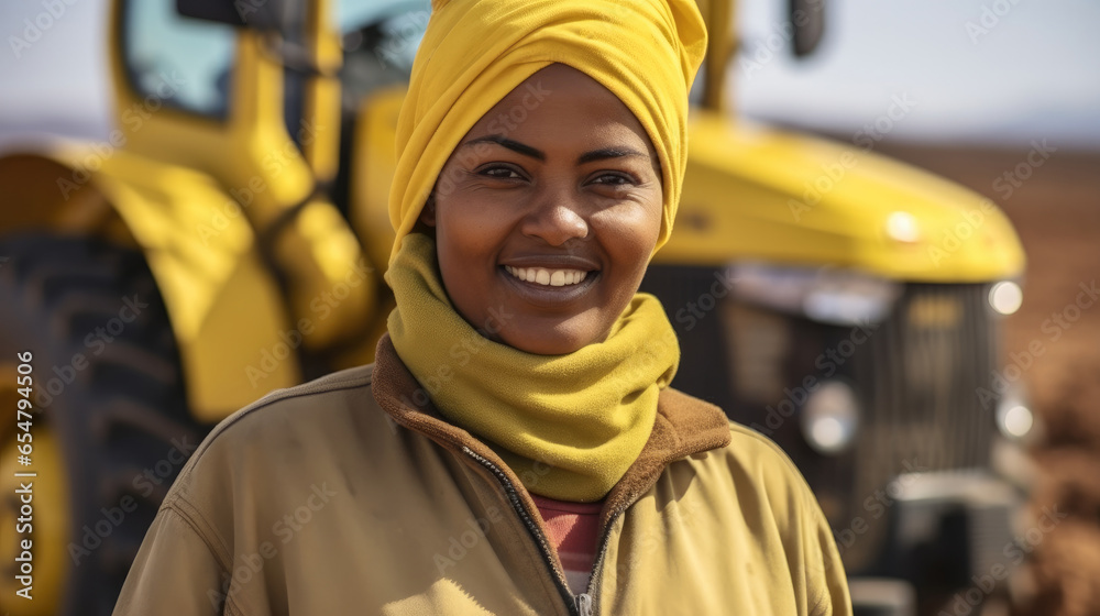 Happy African woman farmer with tractor yellow on farm.