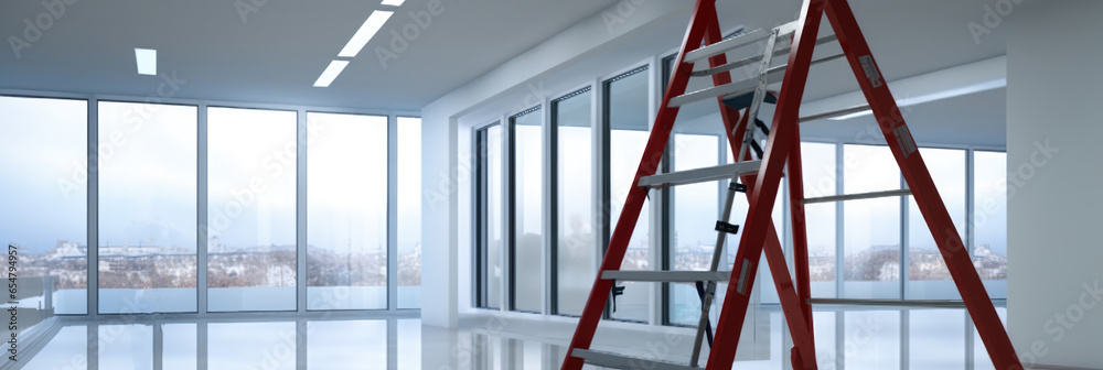 High ladder standing in center of office are under renovate.