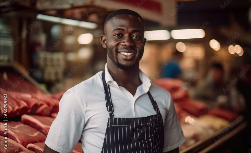 Happy butcher at the shop.