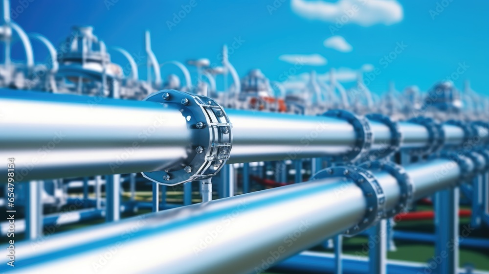 Steel pipes in crude oil factory or Petrochemical oil refinery in industry zone.