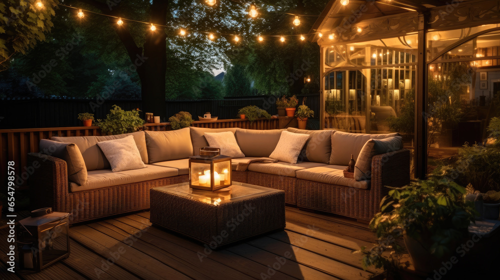 Beautiful modern house with wicker furniture at evening, Lights and lanterns in the garden.