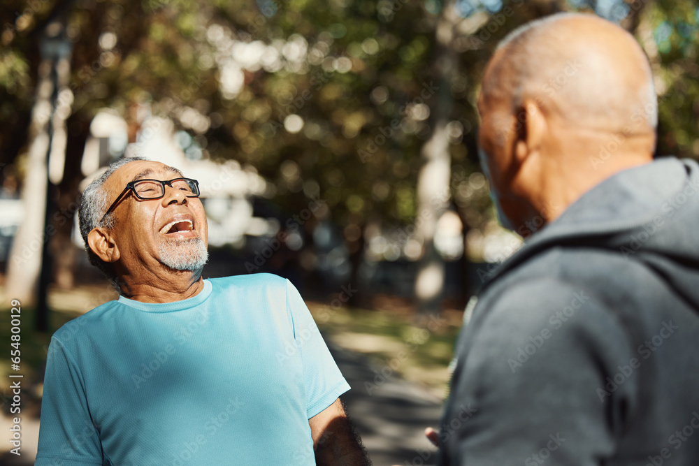 Fitness, friends and senior men in park, laughing and fun on outdoor exercise energy together in morning. Happy, funny and elderly people on nature path for workout, training and health in retirement