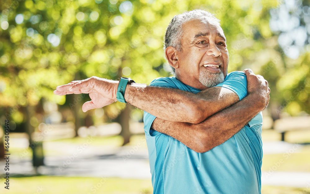 Old man, stretching arm and outdoor for fitness health training or energy challenge, wellness for goal. Senior person, running and park for retirement body workout strong or happy, exercise or sports