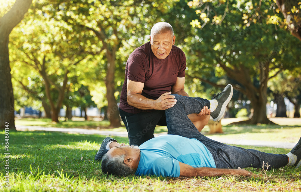 Stretching, park and men for fitness in retirement, support or help with exercise. Physiotherapy, training and senior coach with elderly athlete for warm up on the grass for sports or rehabilitation