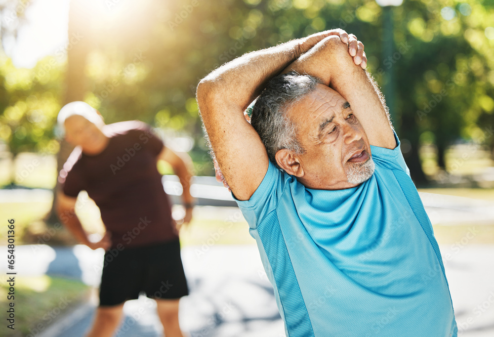 Old man, stretching and outdoor for fitness health training or energy challenge, wellness for goal. Senior friends, running and park for retirement body workout strength or happy, exercise or sports