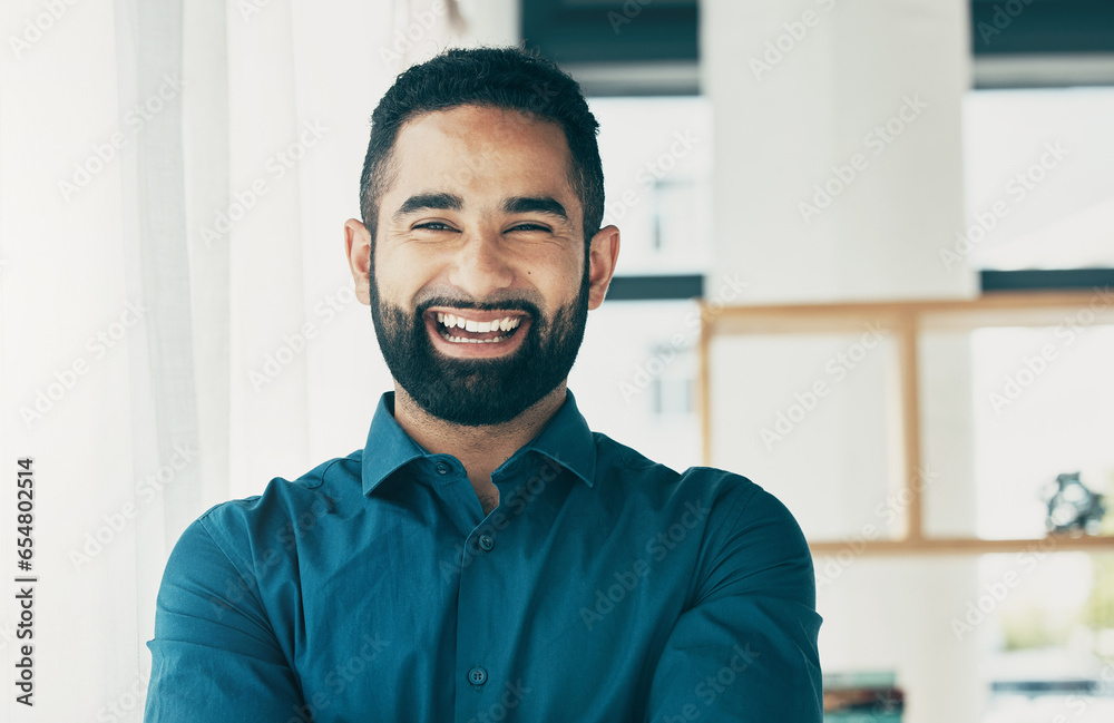 Laughing, happy and portrait of a businessman in an office with confidence for a corporate career. Smile, professional and headshot of a male employee in the workplace as a lawyer or attorney