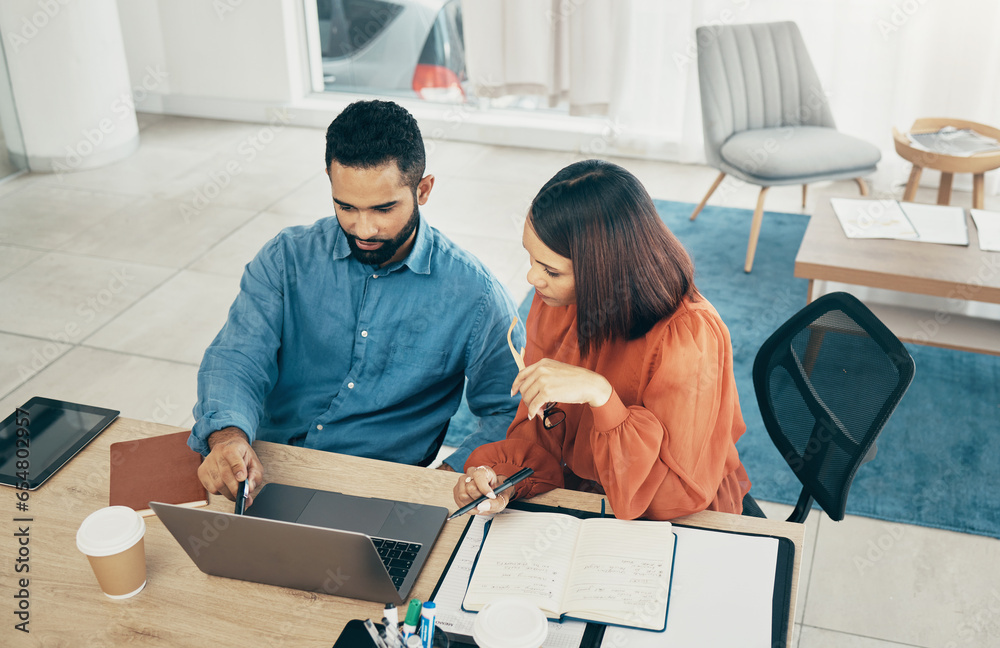 Man, woman and work in office with laptop for startup, cost management and accounting in above. Mexican people, brainstorming and collaboration with financial reports with mentor, email and planning