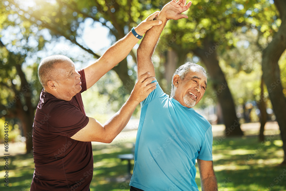 Senior man, friends and stretching in nature for workout, exercise or outdoor training together. Mature male person or team in body warm up, arm stretch or preparation for cardio or fitness at park