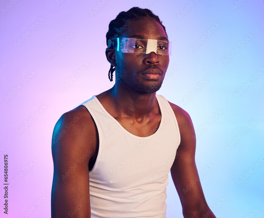 Man, virtual reality or futuristic sunglasses for fashion, designer brand and style in studio on neon background. Young african person in trendy vaporwave and technology, vision or metaverse glasses