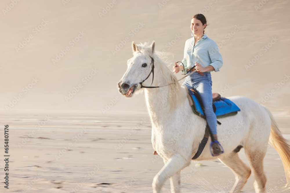 Horse riding, mockup and woman on outdoor with animal as jockey for happiness, joy and sand as hobby. Equestrian, smile and happy person or rider with sport on vacation or nature holiday with peace