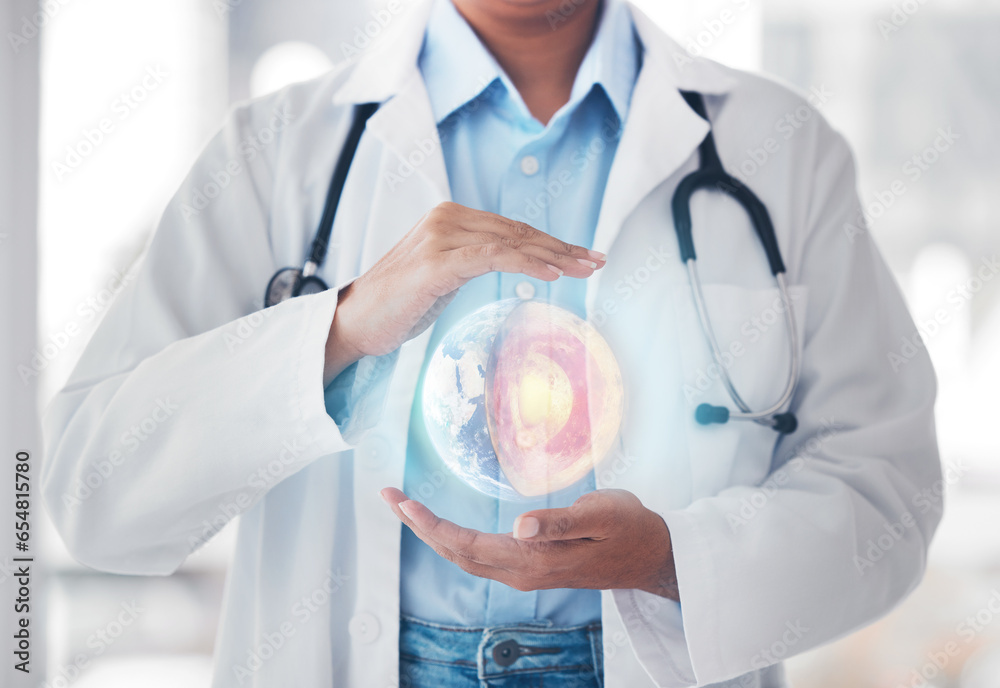 Globe, hologram and doctor in hospital for network, biometrics and website for telehealth. Futuristic, healthcare mockup and person with earth overlay for 3d digital scan, ux and medical research