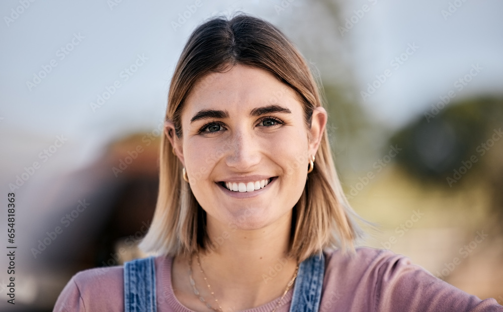 Happy, portrait and a woman in nature or the city for fun, relax or beautiful on the weekend. Smile, young and face of a girl or person in an outdoor environment, urban morning or teenager style