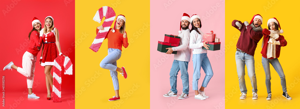 Set of people celebrating Christmas on color background