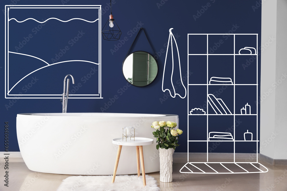 New design of bathroom with bathtub and mirror