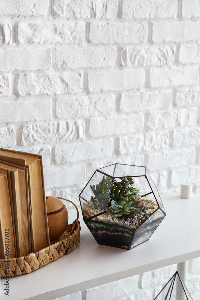 Books with florarium on shelf near white brick wall, closeup