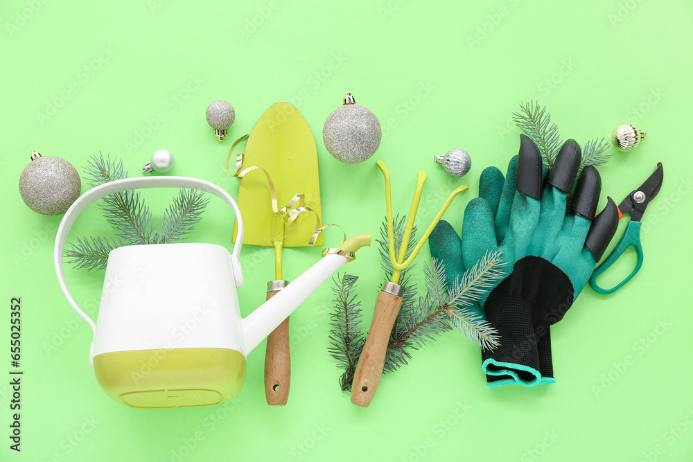 Gardeners supplies with Christmas decor on green background