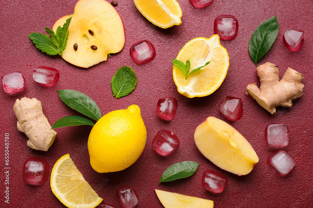 Ingredients for preparing lemonade on red background