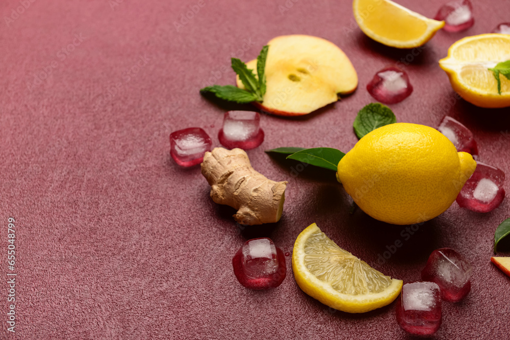 Ingredients for preparing lemonade on red background