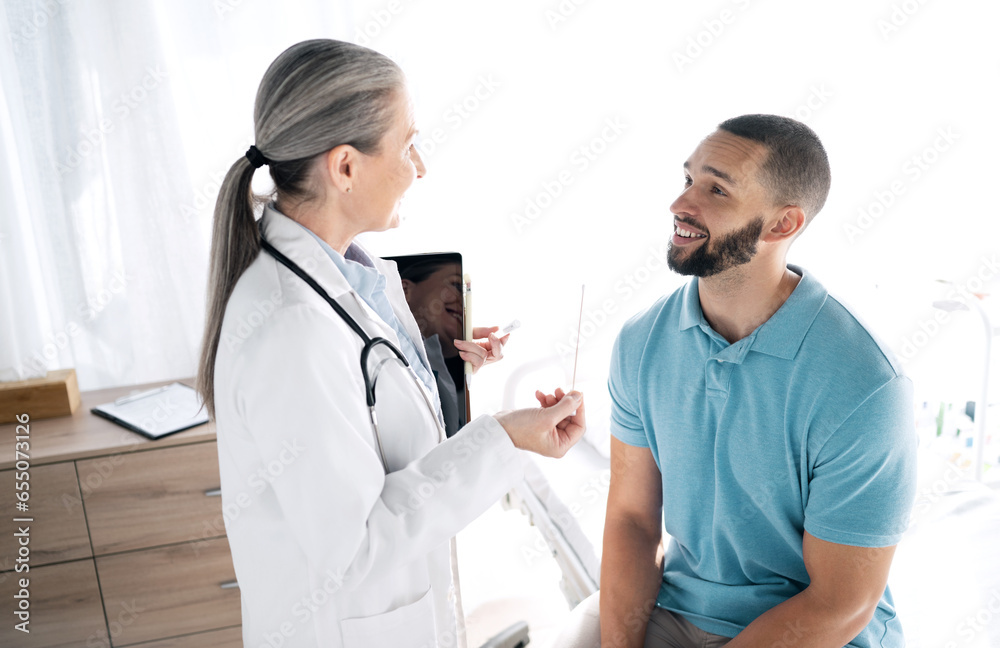 Doctor, patient and consultation at hospital for checkup, results or healthcare diagnosis on bed. Medical woman or surgeon consulting man, customer or client for appointment, visit or test at clinic