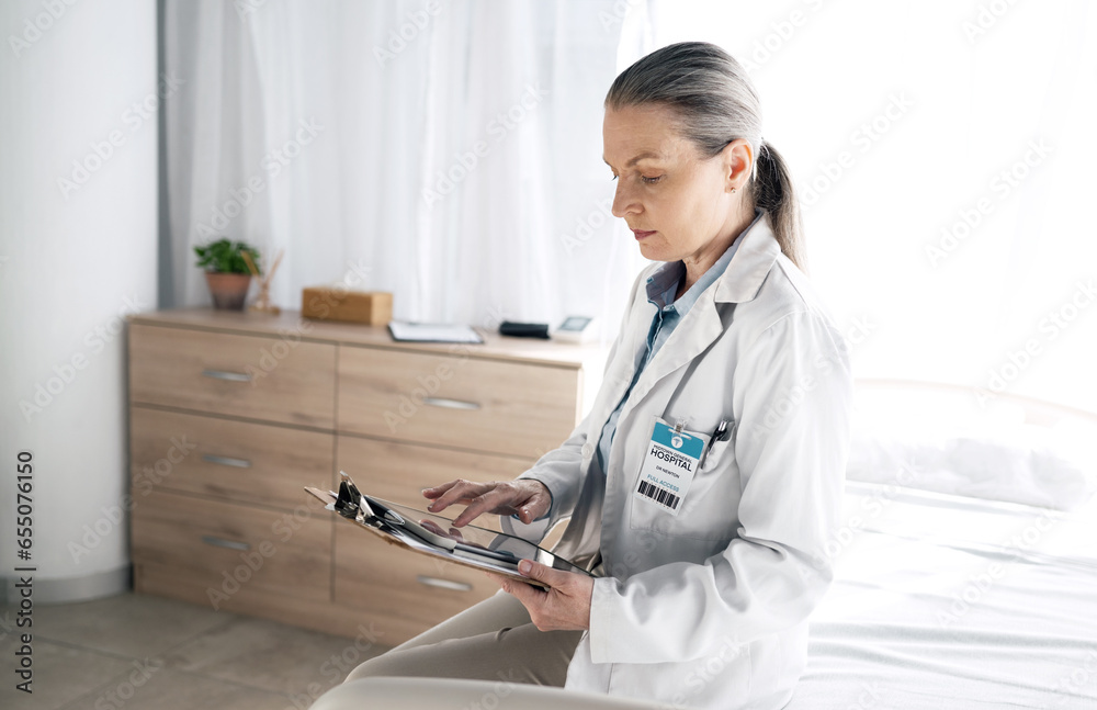 Healthcare, woman and doctor with tablet on bed for communication, checklist and telehealth at hospital. Professional, employee and person with touchscreen for online consultation and support on web