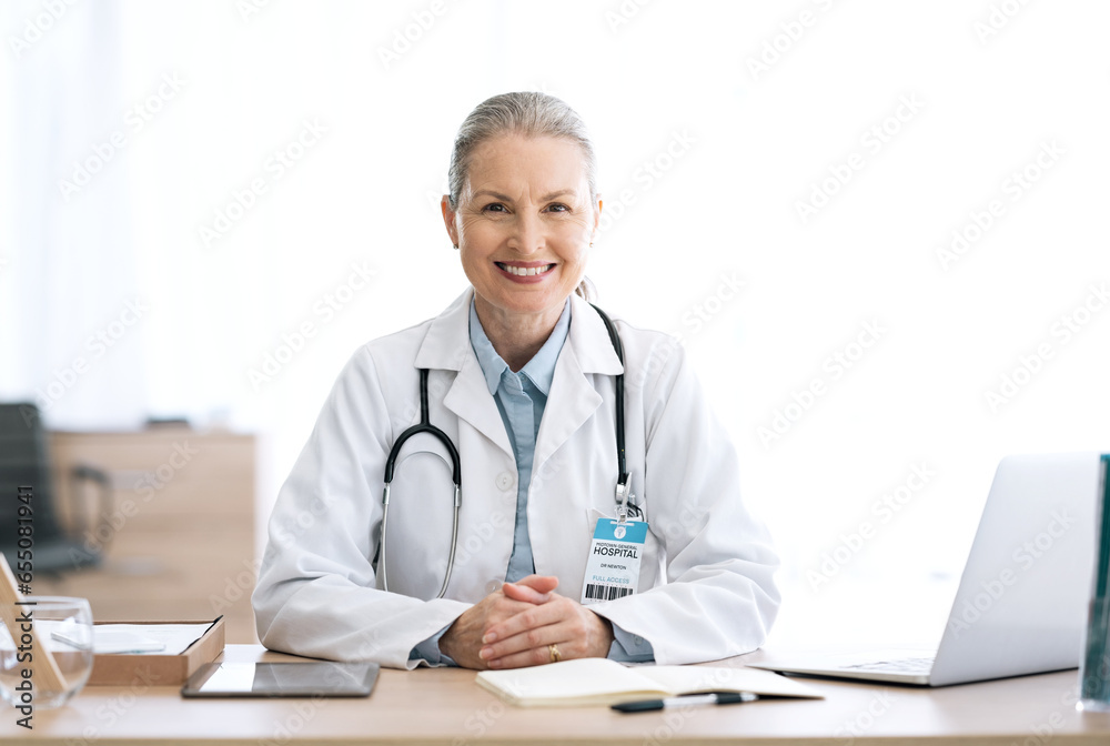 Smile, office and portrait of woman doctor at medical administration desk for medicine information and working. Confident, healthcare and happy professional worker at surgeon table for insurance