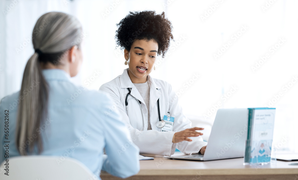 Doctor, woman and computer for healthcare support, hospital services and patient history, charts or results in office. Medical professional and client on laptop for consultation information or advice