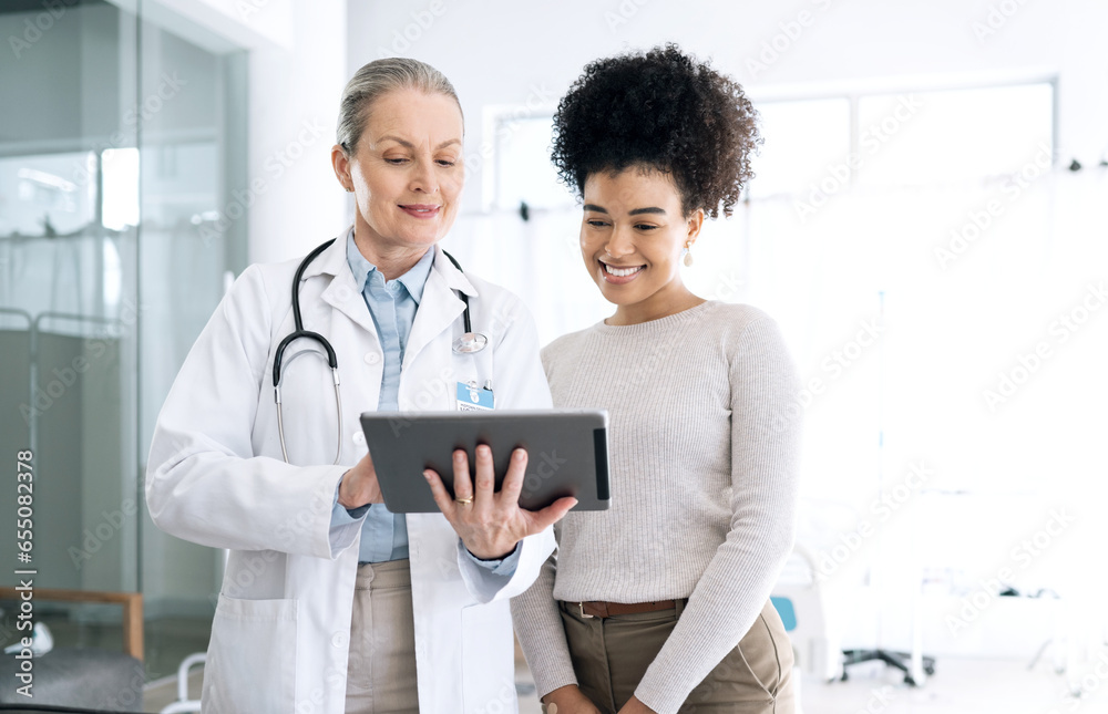 Woman doctor, medical results and tablet at hospital with patient discussion and surgery info. Wellness advice, technology and mature female professional with healthcare, consulting and talking