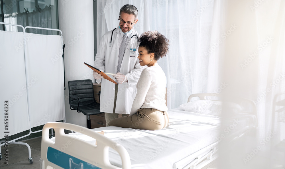 Happy people, doctor clipboard and patient consultation on health research results, healthcare services or medical information. Discussion, assessment checklist and client listening to bad feedback