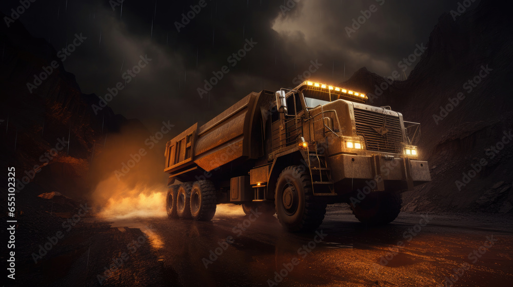 Large quarry dump truck in coal mine at night. Loading coal into body work truck. Generative Ai