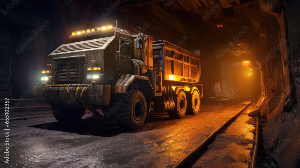 Large quarry dump truck in coal mine at night. Loading coal into body work truck. Generative Ai