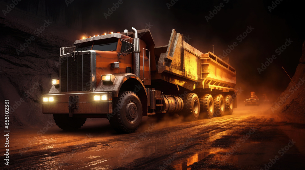 Large quarry dump truck in coal mine at night. Loading coal into body work truck. Generative Ai