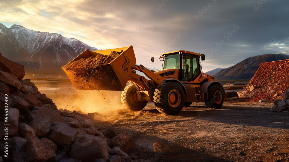 Wheel loader machine unloading rocks. Loader pours crushed stone or gravel from the bucket. Generative Ai