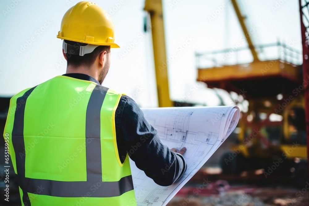 Engineering wearing hardhat and holding blueprint for working at construction on site