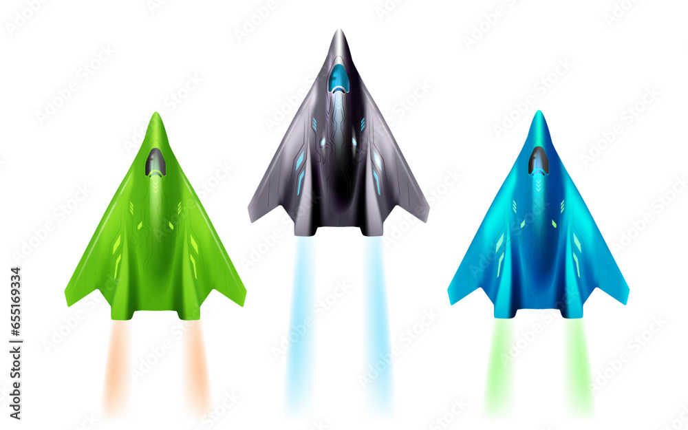 Vector set of illustration of different color jet air plane with flame trace on white background. 3d style design of flying air plane with color light