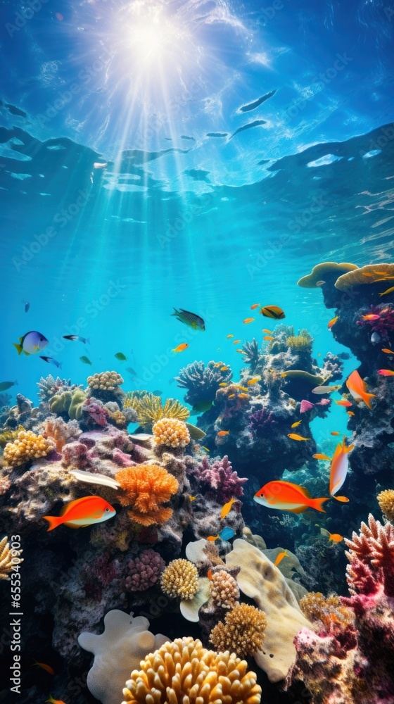 Colorful coral reef teeming with fish and marine life